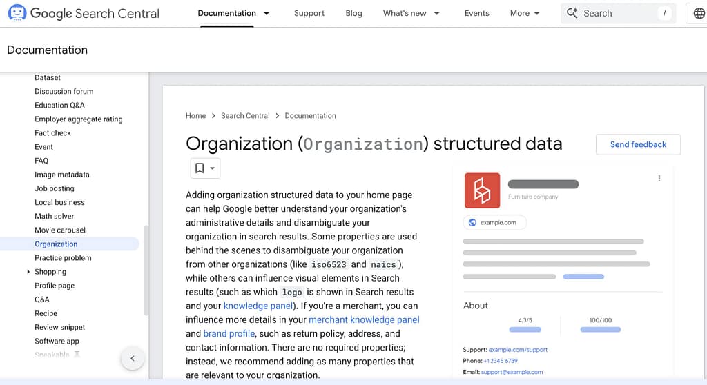 google organization schema guidelines page