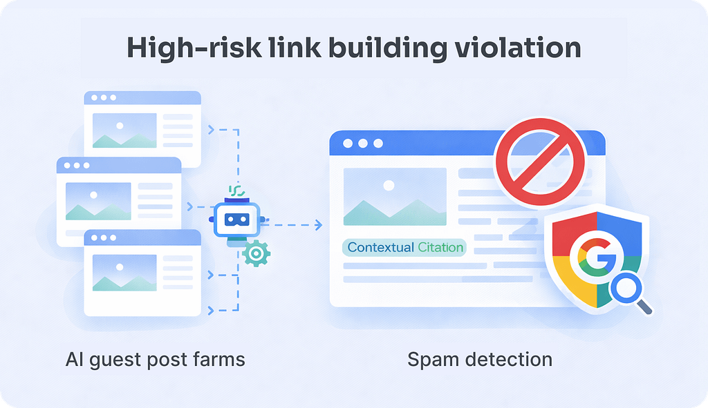 Process diagram showing how Google detects and penalises AI-generated guest post link farms following the October 2025 spam policy update