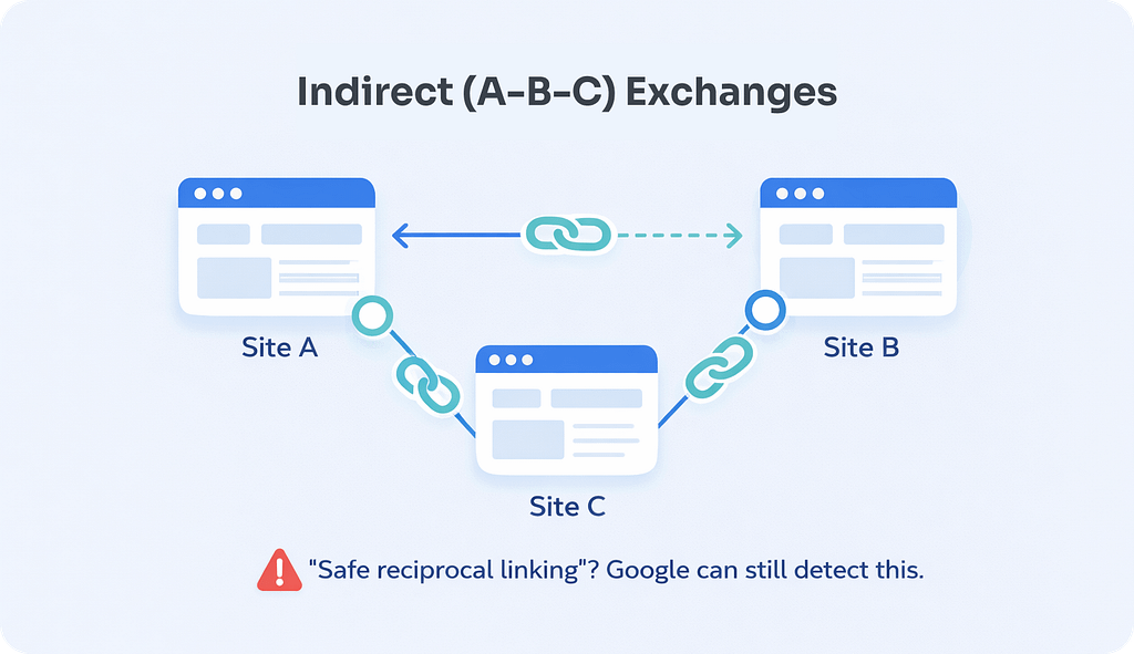 Indirect A-B-C Link Exchange Structure Diagram showing how an indirect A-B-C link exchange works: Site A links to Site B via a guest post on Site C, while Site B links directly back to Site A, obscuring the reciprocal footprint from standard backlink analysis