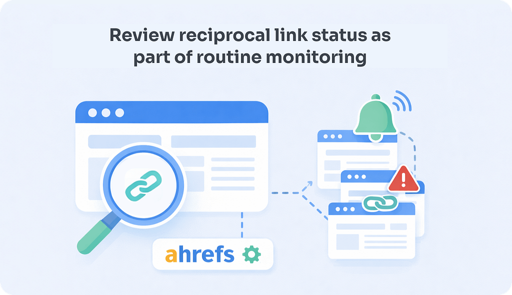 Reciprocal Link Monitoring Workflow for 2026 Step-by-step reciprocal link monitoring workflow: export referring domain list from Ahrefs Site Explorer, cross-reference with outbound linked domains, identify mutual links, assess anchor text and acquisition timing against low, medium and high risk criteria, and set up ongoing alerts for new referring domains