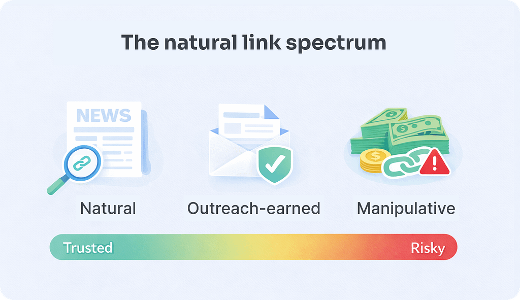Diagram of the natural link spectrum: passive organic editorial citation on the left, white hat outreach links in the middle, and unnatural paid or reciprocal placements on the right