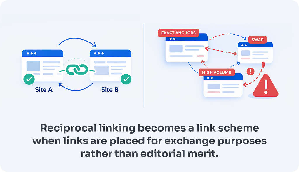 When Reciprocal Linking Becomes a Link Scheme — Google Policy Decision Framework Decision framework showing when reciprocal linking crosses into link scheme territory under Google spam policy, highlighting three key risk signals: high volume and velocity of mutual link acquisition, over-optimised exact-match anchor text on both sides of the exchange, and participation in automated link exchange networks